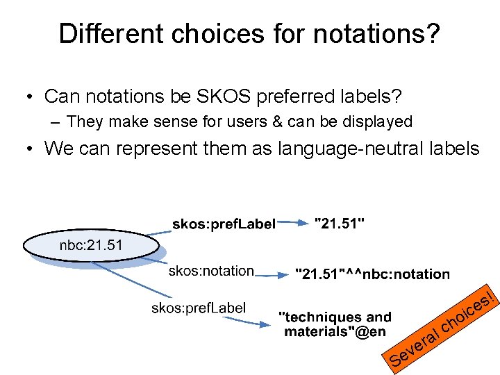 Different choices for notations? • Can notations be SKOS preferred labels? – They make