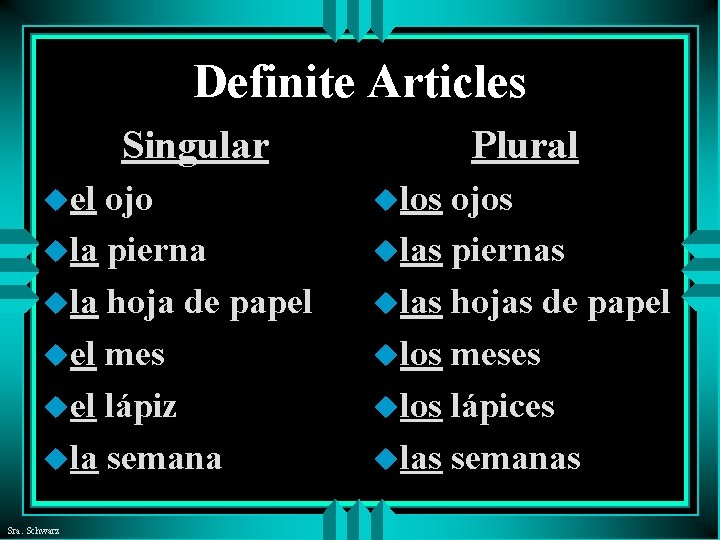 Definite Articles Singular uel ojo ula pierna ula hoja de papel uel mes uel