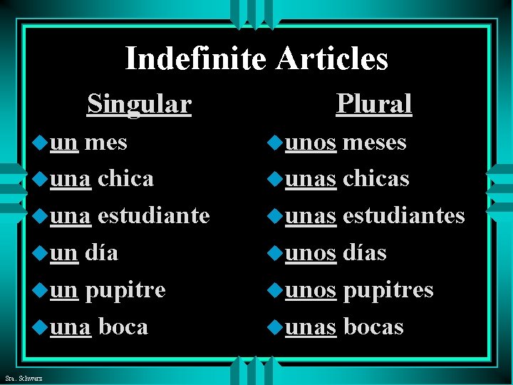 Indefinite Articles Singular uun mes uuna chica uuna estudiante uun día uun pupitre uuna