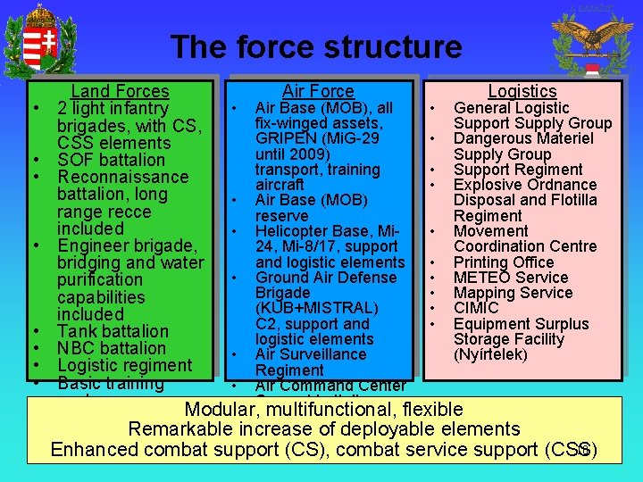 The force structure • • Land Forces 2 light infantry brigades, with CS, CSS