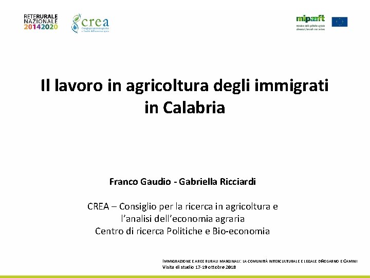 Il lavoro in agricoltura degli immigrati in Calabria Franco Gaudio - Gabriella Ricciardi CREA