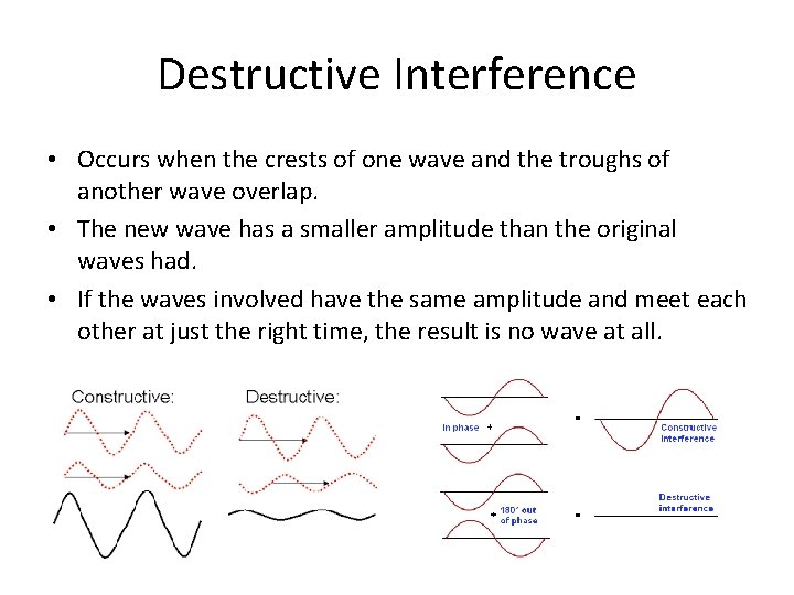 Destructive Interference • Occurs when the crests of one wave and the troughs of