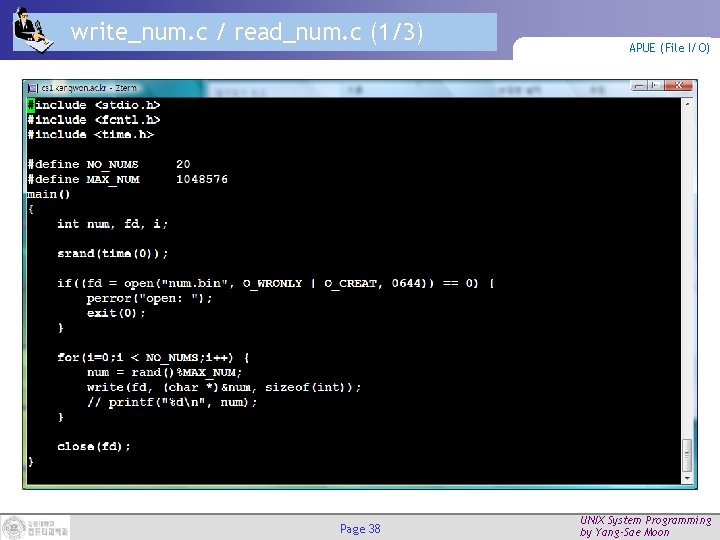 write_num. c / read_num. c (1/3) Page 38 APUE (File I/O) UNIX System Programming