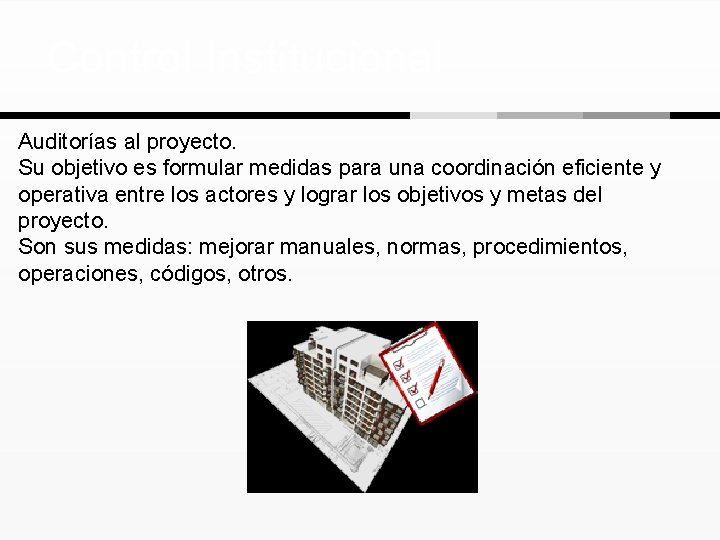 Control Institucional Auditorías al proyecto. Su objetivo es formular medidas para una coordinación eficiente