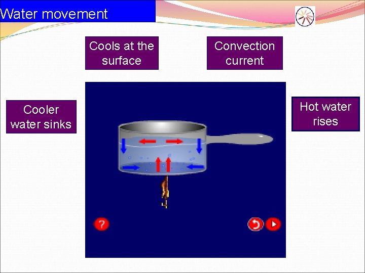 Water movement Cools at the surface Cooler water sinks Convection current Hot water rises