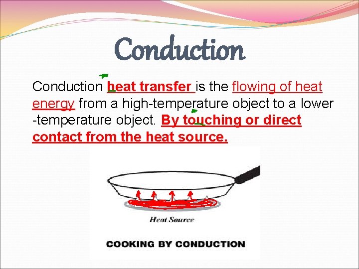 Conduction heat transfer is the flowing of heat energy from a high-temperature object to