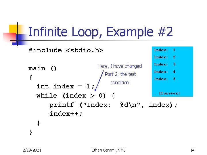 Infinite Loop, Example #2 Index: 1 #include <stdio. h> Index: 2 Index: 3 Here,
