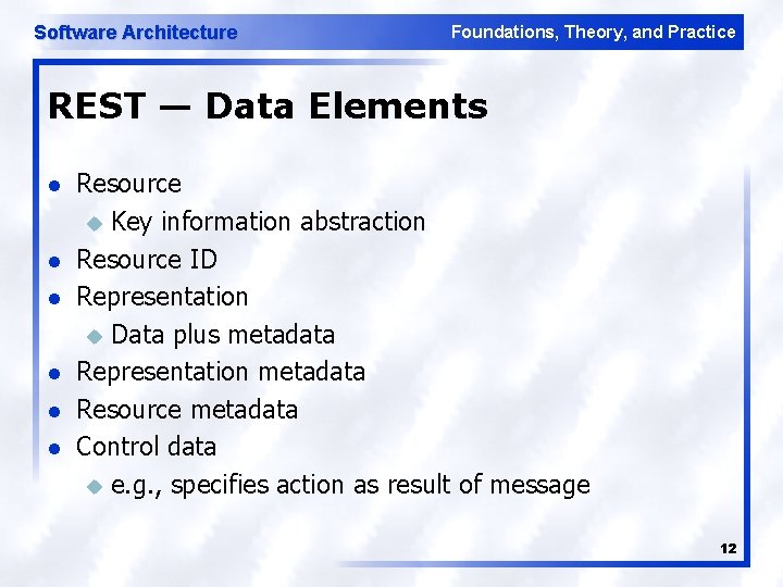 Software Architecture Foundations, Theory, and Practice REST — Data Elements l l l Resource