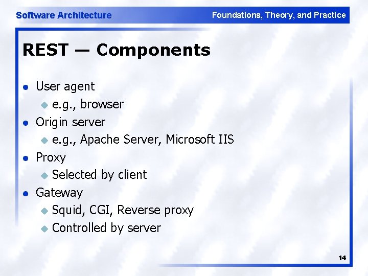 Software Architecture Foundations, Theory, and Practice REST — Components l l User agent u