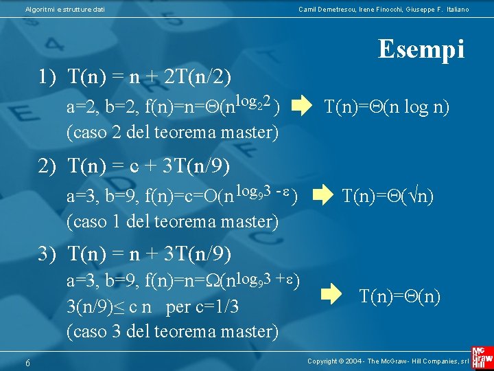 Algoritmi e strutture dati Camil Demetrescu, Irene Finocchi, Giuseppe F. Italiano Esempi 1) T(n) Algoritmi e strutture dati Camil Demetrescu, Irene Finocchi, Giuseppe F. Italiano Esempi 1) T(n)