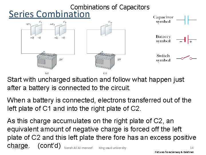 Combinations of Capacitors Series Combination Start with uncharged situation and follow what happen just