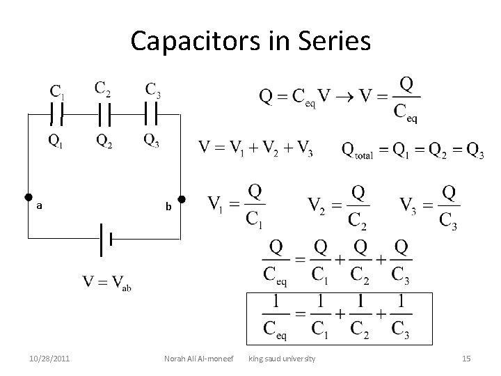 Capacitors in Series a 10/28/2011 b Norah Ali Al-moneef king saud university 15 