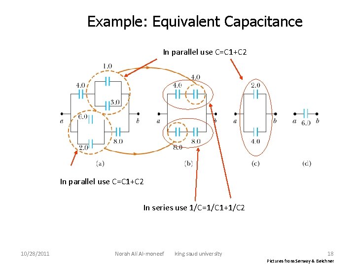 Example: Equivalent Capacitance In parallel use C=C 1+C 2 In series use 1/C=1/C 1+1/C