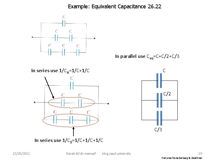 Example: Equivalent Capacitance 26. 22 In parallel use Ceq=C+C/2+C/3 In series use 1/CA=1/C+1/C C