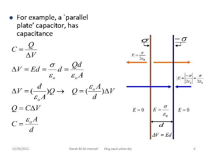 l For example, a `parallel plate’ capacitor, has capacitance 10/28/2011 Norah Ali Al-moneef king