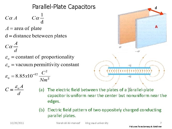 Parallel-Plate Capacitors d A (a) The electric field between the plates of a parallel-plate