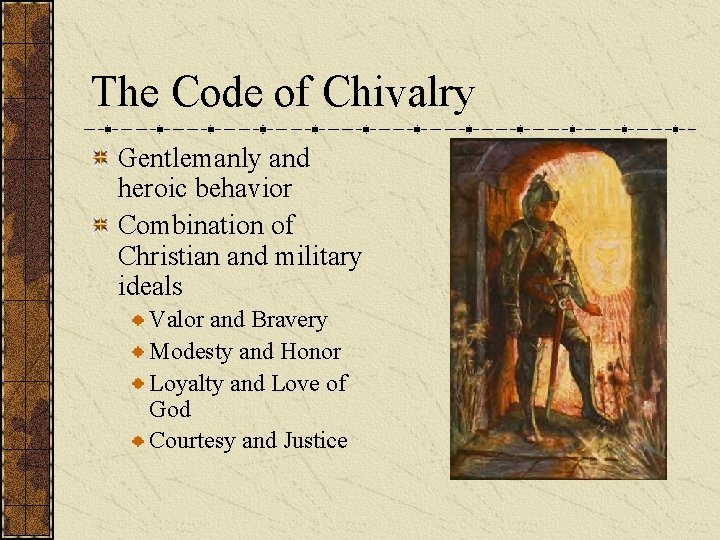 The Code of Chivalry Gentlemanly and heroic behavior Combination of Christian and military ideals