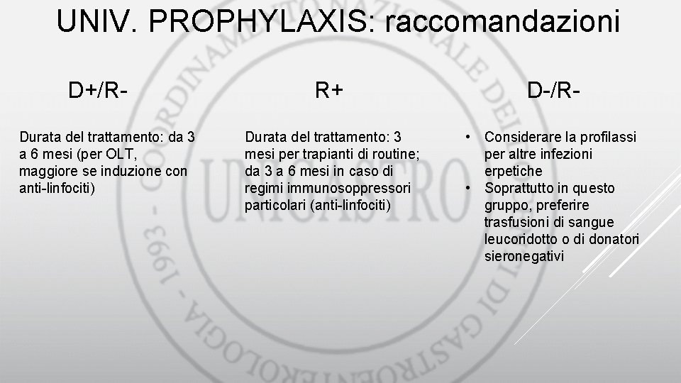 UNIV. PROPHYLAXIS: raccomandazioni D+/RDurata del trattamento: da 3 a 6 mesi (per OLT, maggiore