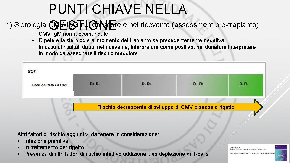 PUNTI CHIAVE NELLA 1) Sierologia CMV-Ig. G nel donatore e nel ricevente (assessment pre-trapianto)