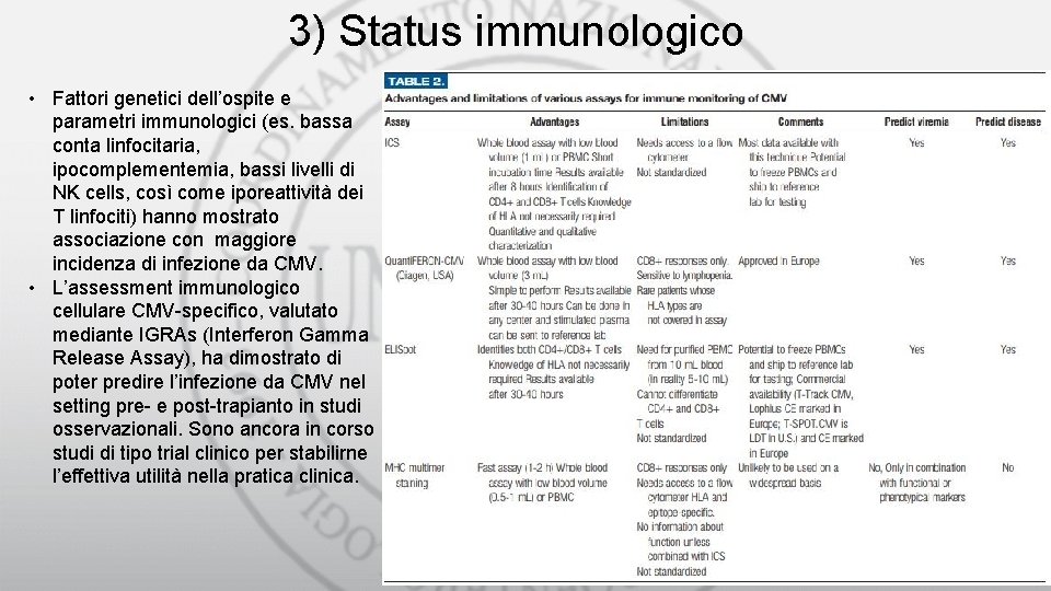 3) Status immunologico • Fattori genetici dell’ospite e parametri immunologici (es. bassa conta linfocitaria,