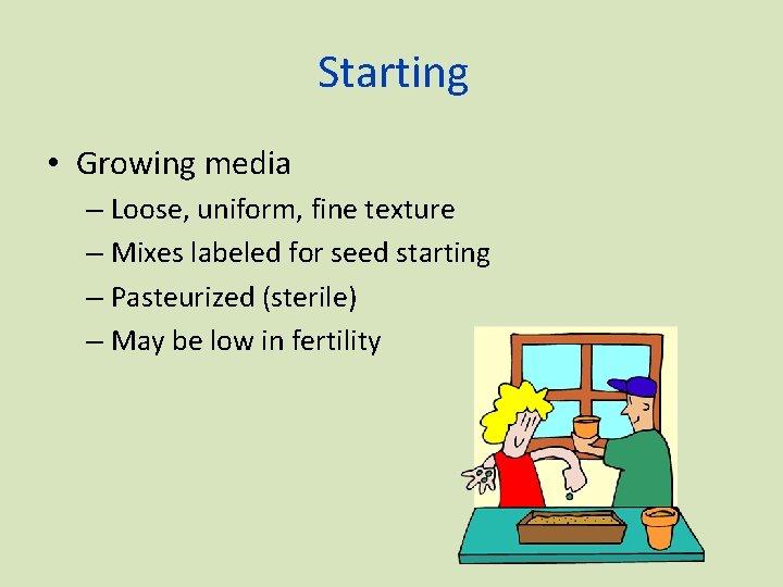 Starting • Growing media – Loose, uniform, fine texture – Mixes labeled for seed