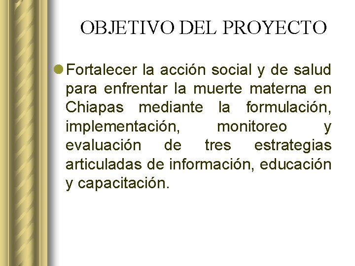 OBJETIVO DEL PROYECTO l Fortalecer la acción social y de salud para enfrentar la