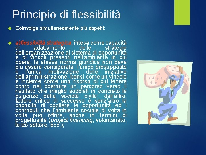 Principio di flessibilità Coinvolge simultaneamente più aspetti: a)flessibilità strategica, intesa come capacità di adattamento