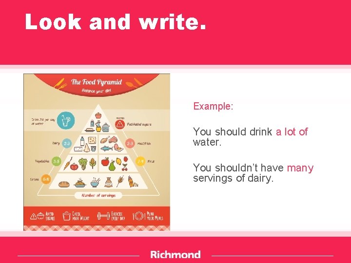 Look and write. Example: You should drink a lot of water. You shouldn’t have