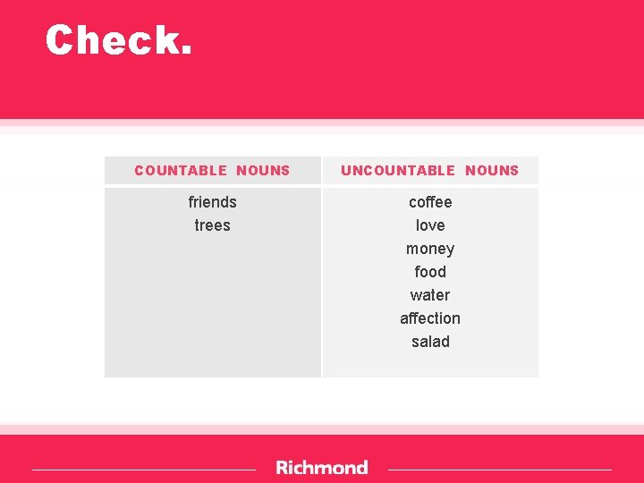Check. COUNTABLE NOUNS UNCOUNTABLE NOUNS friends trees coffee love money food water affection salad