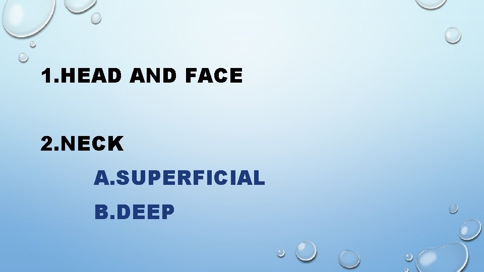 1. HEAD AND FACE 2. NECK A. SUPERFICIAL B. DEEP 