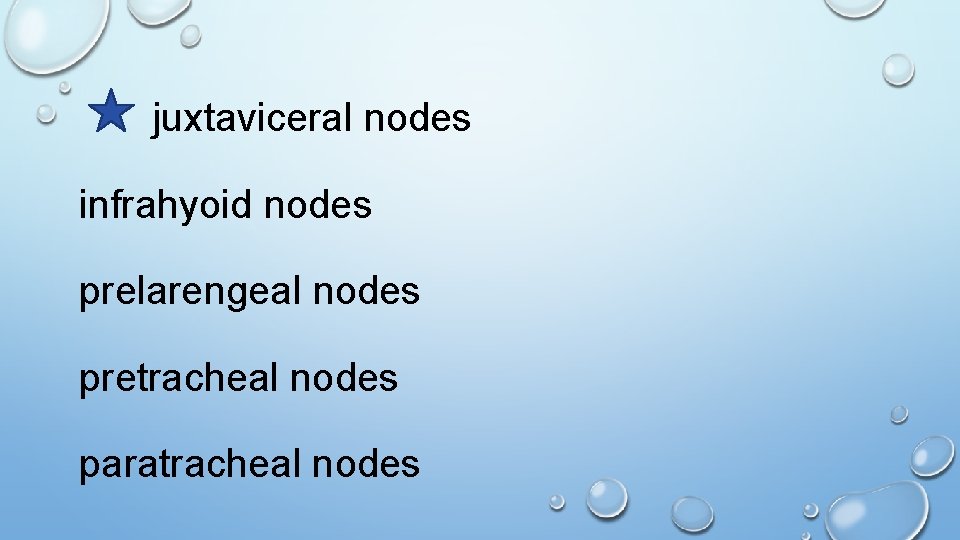  juxtaviceral nodes infrahyoid nodes prelarengeal nodes pretracheal nodes paratracheal nodes 