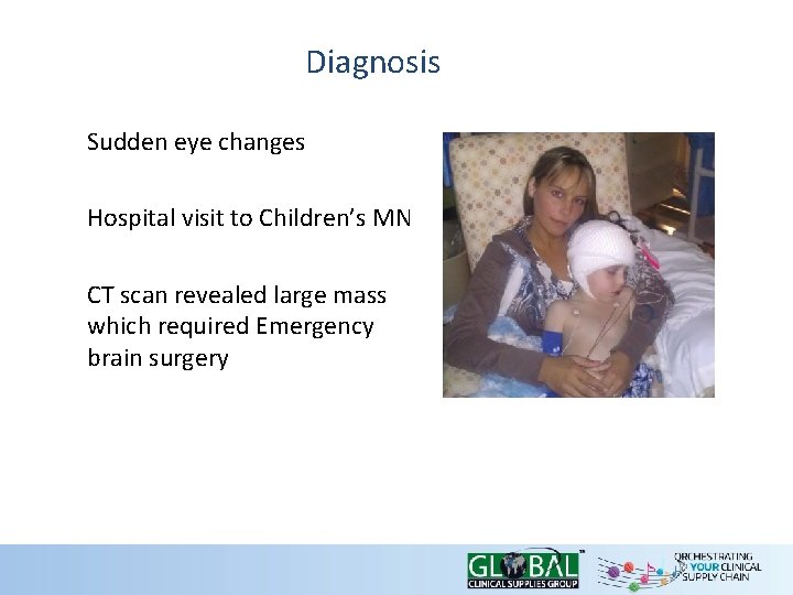 Diagnosis Sudden eye changes Hospital visit to Children’s MN CT scan revealed large mass