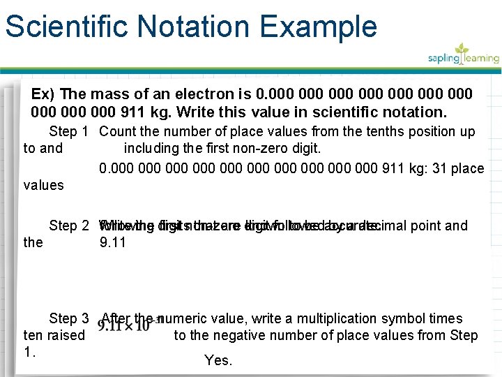 Scientific Notation Example Ex) The mass of an electron is 0. 000 000 000