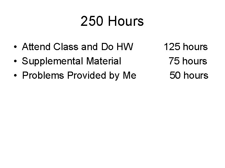 250 Hours • Attend Class and Do HW • Supplemental Material • Problems Provided 250 Hours • Attend Class and Do HW • Supplemental Material • Problems Provided
