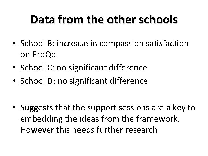 Data from the other schools • School B: increase in compassion satisfaction on Pro.