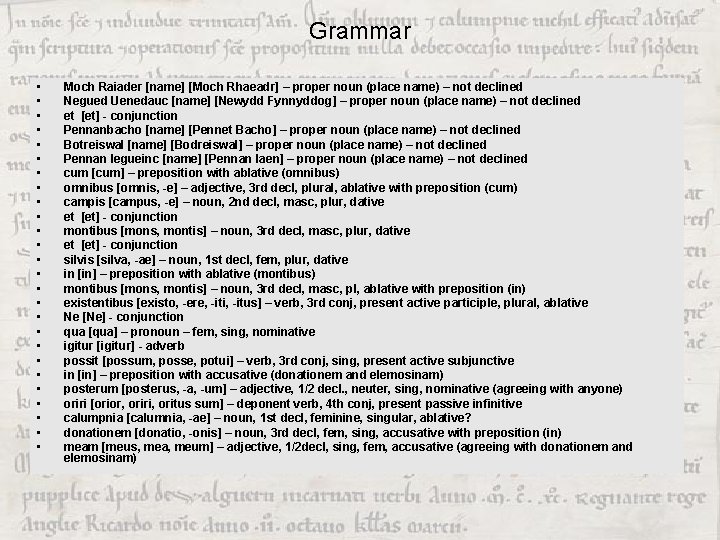 Grammar • • • • • • • Moch Raiader [name] [Moch Rhaeadr] –