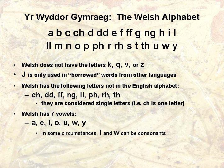 Yr Wyddor Gymraeg: The Welsh Alphabet a b c ch d dd e f