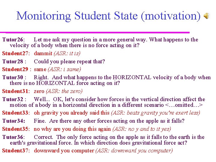 Monitoring Student State (motivation) Tutor 26: Let me ask my question in a more