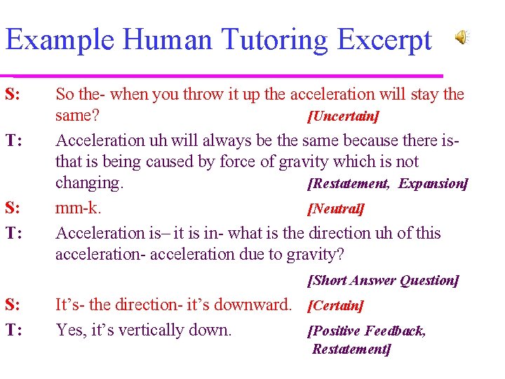 Example Human Tutoring Excerpt S: T: So the- when you throw it up the