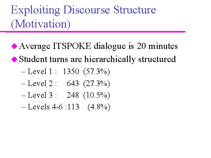 Exploiting Discourse Structure (Motivation) Average ITSPOKE dialogue is 20 minutes Student turns are hierarchically