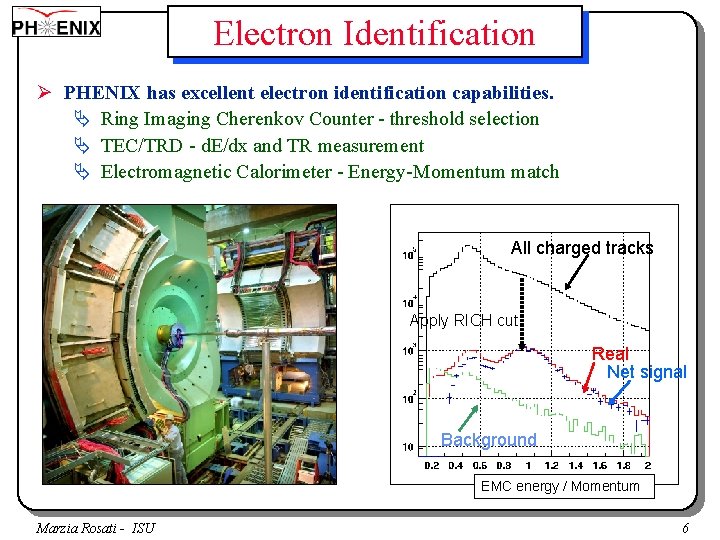 Electron Identification Ø PHENIX has excellent electron identification capabilities. Ä Ring Imaging Cherenkov Counter