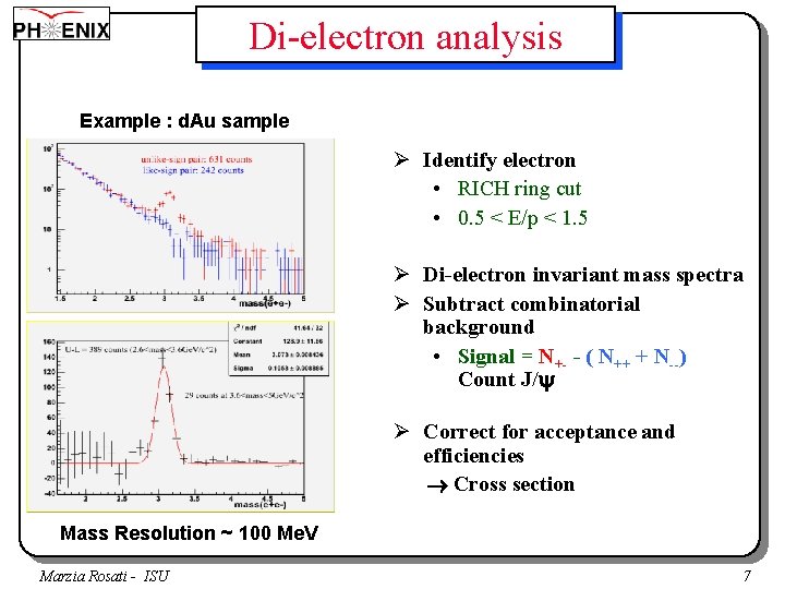 Di-electron analysis Example : d. Au sample Ø Identify electron • RICH ring cut