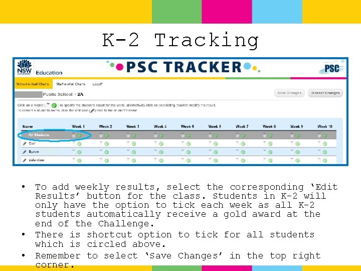 K-2 Tracking • • • To add weekly results, select the corresponding ‘Edit Results’