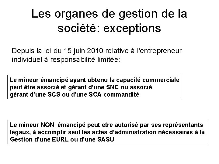 Les organes de gestion de la société: exceptions Depuis la loi du 15 juin