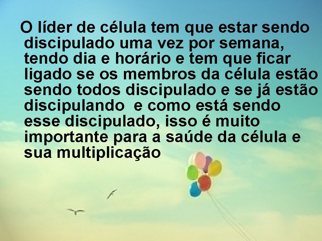 O líder de célula tem que estar sendo discipulado uma vez por semana, tendo