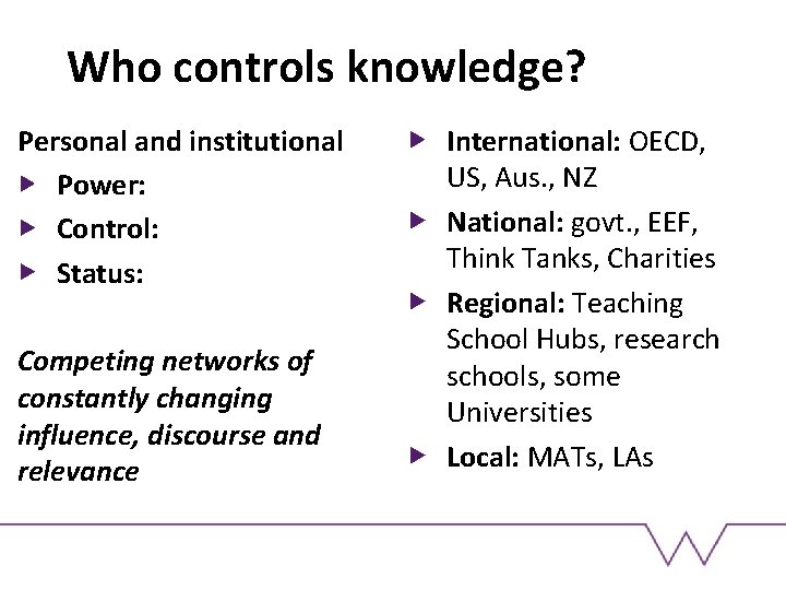 Who controls knowledge? Personal and institutional Power: Control: Status: Competing networks of constantly changing