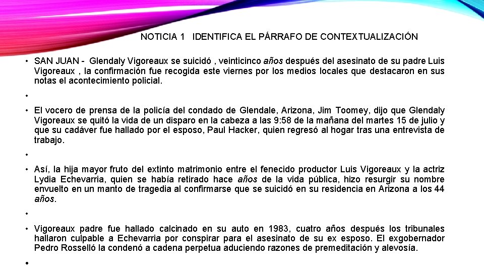 NOTICIA 1 IDENTIFICA EL PÁRRAFO DE CONTEXTUALIZACIÓN • SAN JUAN - Glendaly Vigoreaux se