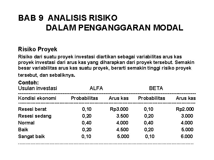 BAB 9 ANALISIS RISIKO DALAM PENGANGGARAN MODAL Risiko Proyek Risiko dari suatu proyek investasi