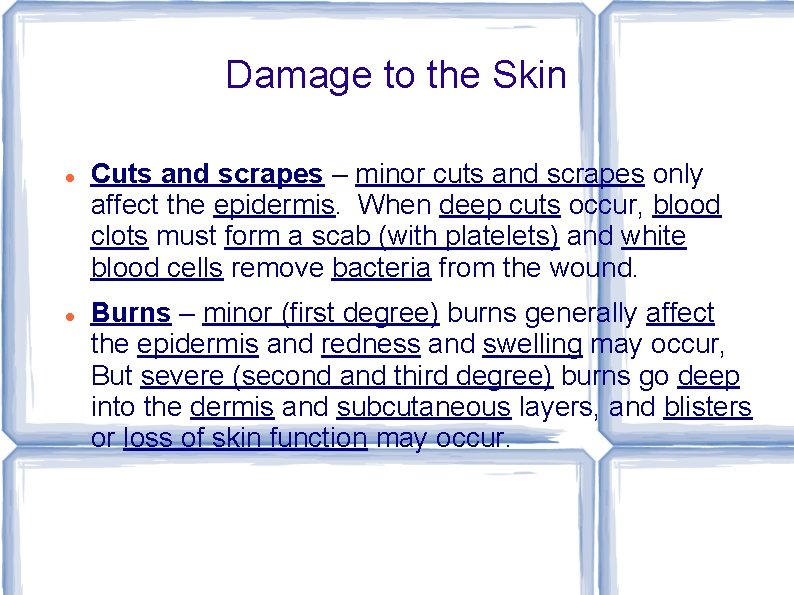 Damage to the Skin Cuts and scrapes – minor cuts and scrapes only affect