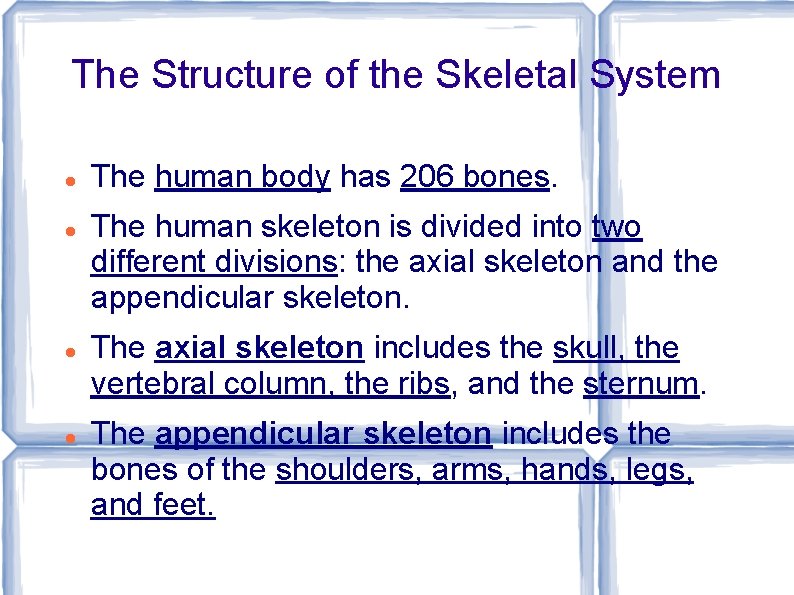 The Structure of the Skeletal System The human body has 206 bones. The human